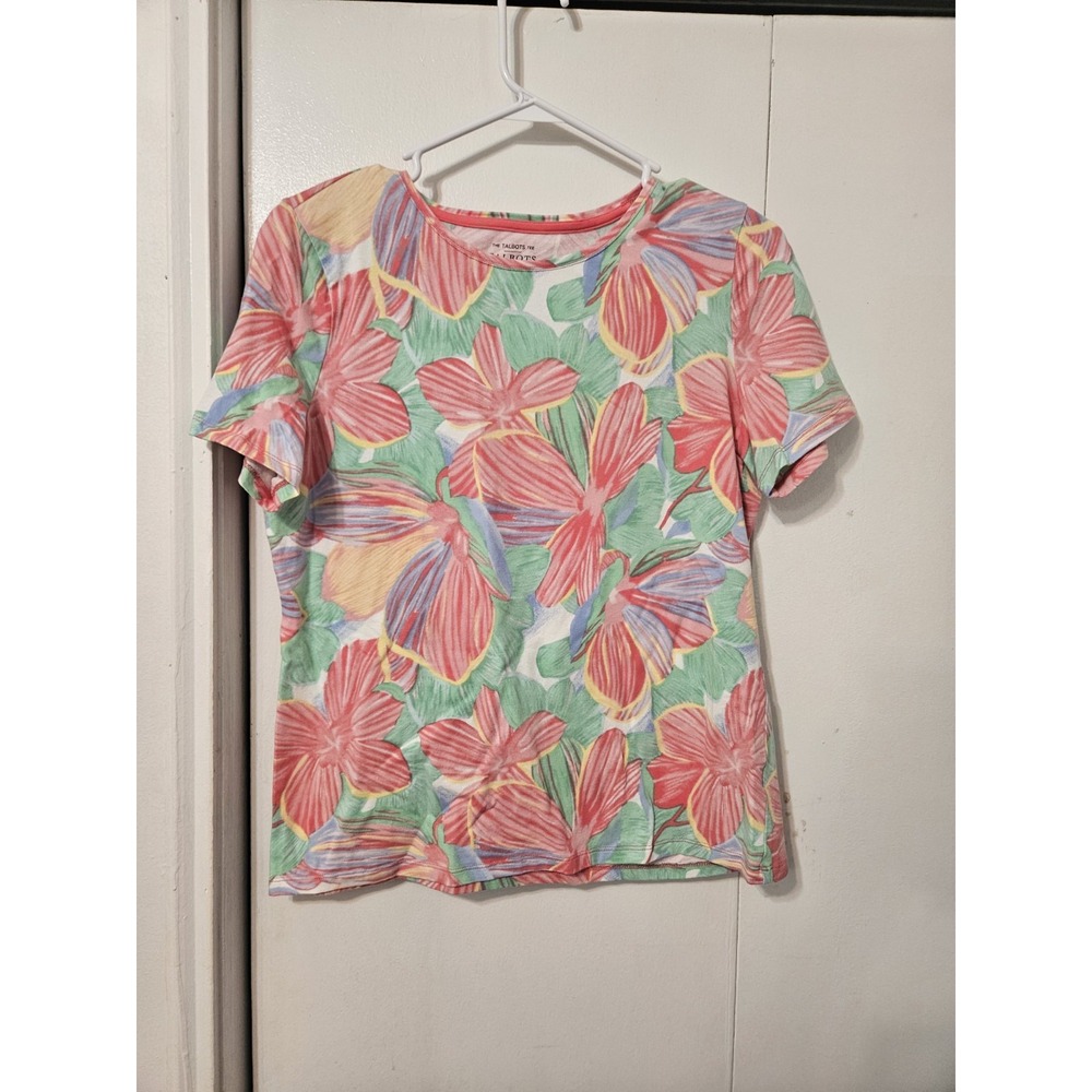 Talbots Crewneck T-shirt Vibrant Tropical Floral Size Large Petite
